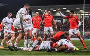 3 January 2020; Joey Carbery of Munster celebrates a try by Shane Daly of Munster during the Guinness PRO14 Round 10 match between Ulster and Munster at Kingspan Stadium in Belfast. Photo by Ramsey Cardy/Sportsfile