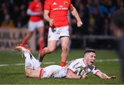 3 January 2020; John Cooney of Ulster scores his side's first try during the Guinness PRO14 Round 10 match between Ulster and Munster at Kingspan Stadium in Belfast. Photo by Harry Murphy/Sportsfile