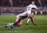 3 January 2020; Robert Baloucoune of Ulster goes over to score his side's second try during the Guinness PRO14 Round 10 match between Ulster and Munster at Kingspan Stadium in Belfast. Photo by Harry Murphy/Sportsfile