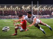 3 January 2020; Shane Daly of Munster in action against Robert Baloucoune of Ulster during the Guinness PRO14 Round 10 match between Ulster and Munster at Kingspan Stadium in Belfast. Photo by Harry Murphy/Sportsfile