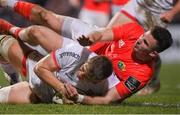 3 January 2020; Matty Rea of Ulster dives over to score his side's fourth try despite the tackle of Shane Daly of Munster during the Guinness PRO14 Round 10 match between Ulster and Munster at Kingspan Stadium in Belfast. Photo by Ramsey Cardy/Sportsfile