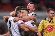 3 January 2020; Matty Rea, 6, celebrates with Ulster team-mates John Cooney, centre, and Jack McGrath after scoring his side's fourth try during the Guinness PRO14 Round 10 match between Ulster and Munster at Kingspan Stadium in Belfast. Photo by Ramsey Cardy/Sportsfile