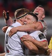 3 January 2020; Matty Rea, 6, celebrates with Ulster team-mates John Cooney, centre, and Jack McGrath after scoring his side's fourth try during the Guinness PRO14 Round 10 match between Ulster and Munster at Kingspan Stadium in Belfast. Photo by Ramsey Cardy/Sportsfile