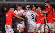 3 January 2020; Players from both teams tussle during the Guinness PRO14 Round 10 match between Ulster and Munster at Kingspan Stadium in Belfast. Photo by Ramsey Cardy/Sportsfile