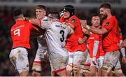 3 January 2020; Players from both teams tussle during the Guinness PRO14 Round 10 match between Ulster and Munster at Kingspan Stadium in Belfast. Photo by Ramsey Cardy/Sportsfile