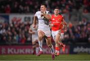 3 January 2020; Jacob Stockdale of Ulster on his way to scoring his side's sixth try during the Guinness PRO14 Round 10 match between Ulster and Munster at Kingspan Stadium in Belfast. Photo by Ramsey Cardy/Sportsfile