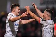 3 January 2020; Jacob Stockdale of Ulster celebrates with team-mate John Cooney, right, after scoring his side's sixth try during the Guinness PRO14 Round 10 match between Ulster and Munster at Kingspan Stadium in Belfast. Photo by Ramsey Cardy/Sportsfile