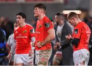 3 January 2020; Jack O'Donoghue, centre, Joey Carbery, left, and Keith Earls of Munster react following the Guinness PRO14 Round 10 match between Ulster and Munster at Kingspan Stadium in Belfast. Photo by Harry Murphy/Sportsfile