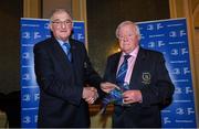4 January 2020; Denis Collins, Seapoint RFC, is presented with the Metropolitan Area Hall of Fame award by Leinster Rugby Senior Vice President John Walsh during the Leinster Junior Rugby lunch at the Intercontinental Hotel in Ballsbridge, Dublin. This is the third year that the lunch has been held in celebration of Junior Club Rugby in Leinster. Photo by Ramsey Cardy/Sportsfile
