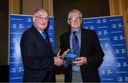 4 January 2020; Michael Clavin, Tullamore RFC, is presented with the Midlands Area Hall of Fame award by Leinster Rugby Senior Vice President John Walsh during the Leinster Junior Rugby lunch at the Intercontinental Hotel in Ballsbridge, Dublin. This is the third year that the lunch has been held in celebration of Junior Club Rugby in Leinster. Photo by Ramsey Cardy/Sportsfile