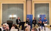 4 January 2020; MC Philip Lawlor, Former Leinster and Ireland player Gordon D'Arcy, Leinster Rugby Academy Manager Noel McNamara, and Leinster players Adam Byrne and James Tracy during the Leinster Junior Rugby lunch at the Intercontinental Hotel in Ballsbridge, Dublin. This is the third year that the lunch has been held in celebration of Junior Club Rugby in Leinster. Photo by Ramsey Cardy/Sportsfile