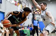 4 January 2020; Jonathan Lawton of Garvey's Warriors Tralee in action against Neil Lynch of DBS Eanna during the Basketball Ireland Men's Superleague match between Garveys Warriors Tralee and DBS Eanna at Tralee Sports Complex in Tralee, Kerry. Photo by Brendan Moran/Sportsfile