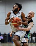 4 January 2020; Joshua Wilson of DBS Eanna in action against Paul Dick of Garvey's Warriors Tralee during the Basketball Ireland Men's Superleague match between Garveys Warriors Tralee and DBS Eanna at Tralee Sports Complex in Tralee, Kerry. Photo by Brendan Moran/Sportsfile