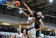 4 January 2020; Joshua Wilson of DBS Eanna goes for a layup ahead of Paul Dick of Garvey's Warriors Tralee during the Basketball Ireland Men's Superleague match between Garveys Warriors Tralee and DBS Eanna at Tralee Sports Complex in Tralee, Kerry. Photo by Brendan Moran/Sportsfile