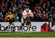 3 January 2020; Jacob Stockdale of Ulster scores his side's fifth try during the Guinness PRO14 Round 10 match between Ulster and Munster at Kingspan Stadium in Belfast. Photo by John Dickson/Sportsfile