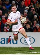 3 January 2020; Jacob Stockdale of Ulster scores his side's fifth try during the Guinness PRO14 Round 10 match between Ulster and Munster at Kingspan Stadium in Belfast. Photo by John Dickson/Sportsfile