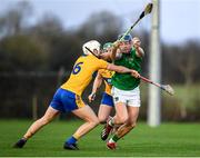 5 January 2020; David Reidy of Limerick in action against  Jack Browne of Clare during the Co-op Superstores Munster Hurling League 2020 Group A match between Clare and Limerick at O'Garney Park in Sixmilebridge, Clare. Photo by Harry Murphy/Sportsfile