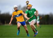 5 January 2020; Adrian Breen of Limerick in action against Aidan McCarthy of Clare during the Co-op Superstores Munster Hurling League 2020 Group A match between Clare and Limerick at O'Garney Park in Sixmilebridge, Clare. Photo by Harry Murphy/Sportsfile