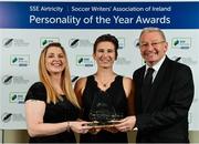 10 January 2020; Michelle O'Neill, centre, is joined by Fiona Dempsey, left, and Tony O'Donoghue, SWAI Vice President, after winning the Liam Tuohy Special Merit award during the SSE Airtricity / Soccer Writers Association of Ireland Diamond Jubilee Personality of the Year Awards 2019 at the Clayton Hotel in Dublin. Photo by Seb Daly/Sportsfile