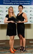 10 January 2020; Michelle O'Neill, and Fiona Dempsey, left, with her Liam Tuohy Special Merit award during the SSE Airtricity / Soccer Writers Association of Ireland Diamond Jubilee Personality of the Year Awards 2019 at the Clayton Hotel in Dublin. Photo by Seb Daly/Sportsfile