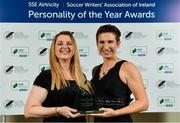 10 January 2020; Michelle O'Neill, and Fiona Dempsey, left, with her Liam Tuohy Special Merit award during the SSE Airtricity / Soccer Writers Association of Ireland Diamond Jubilee Personality of the Year Awards 2019 at the Clayton Hotel in Dublin. Photo by Seb Daly/Sportsfile