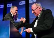 10 January 2020; Former Republic of Ireland International Packie Bonner, left, is congratulated by with Charlie Stuart after receiving his International Achievement Award during the SSE Airtricity / Soccer Writers Association of Ireland Diamond Jubilee Personality of the Year Awards 2019 at the Clayton Hotel in Dublin. Photo by Seb Daly/Sportsfile