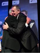 10 January 2020; Former Republic of Ireland International Packie Bonner, right, is congratulated by Charlie Stuart after receiving his International Achievement Award during the SSE Airtricity / Soccer Writers Association of Ireland Diamond Jubilee Personality of the Year Awards 2019 at the Clayton Hotel in Dublin. Photo by Seb Daly/Sportsfile