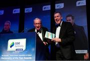 10 January 2020; Former Republic of Ireland International Packie Bonner, right, is congratulated by with Charlie Stuart after receiving his International Achievement Award during the SSE Airtricity / Soccer Writers Association of Ireland Diamond Jubilee Personality of the Year Awards 2019 at the Clayton Hotel in Dublin. Photo by Seb Daly/Sportsfile