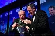 10 January 2020; Former Republic of Ireland International Packie Bonner, right, with Charlie Stuart after receiving his International Achievement Award during the SSE Airtricity / Soccer Writers Association of Ireland Diamond Jubilee Personality of the Year Awards 2019 at the Clayton Hotel in Dublin. Photo by Seb Daly/Sportsfile