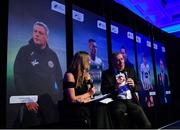 10 January 2020; Former Republic of Ireland International Packie Bonner in conversation with MC Marie Crowe after being presented with his International Achievement Award during the SSE Airtricity / Soccer Writers Association of Ireland Diamond Jubilee Personality of the Year Awards 2019 at the Clayton Hotel in Dublin. Photo by Seb Daly/Sportsfile