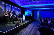 10 January 2020; Former Republic of Ireland International Packie Bonner in conversation with MC Marie Crowe after being presented with his International Achievement Award during the SSE Airtricity / Soccer Writers Association of Ireland Diamond Jubilee Personality of the Year Awards 2019 at the Clayton Hotel in Dublin. Photo by Seb Daly/Sportsfile