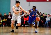 11 January 2020; Manny Payton of LYIT Donegal in action against Dylan Corkery of Tradehouse Central Ballincollig during the Hula Hoops Men's Presidents' Cup Semi-Final match between LYIT Donegal and Tradehouse Central Ballincollig at Parochial Hall in Cork. Photo by Sam Barnes/Sportsfile