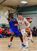 11 January 2020; Colm Blount of Tradehouse Central Ballincollig in action against Manny Payton of LYIT Donegal during the Hula Hoops Men's Presidents' Cup Semi-Final match between LYIT Donegal and Tradehouse Central Ballincollig at Parochial Hall in Cork. Photo by Sam Barnes/Sportsfile