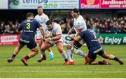 11 January 2020; Marty Moore of Ulster is tackled by Rabah Slimani during the Heineken Champions Cup Pool 3 Round 5 match between ASM Clermont Auvergne and Ulster at Stade Marcel-Michelin in Clermont-Ferrand, France. Photo by John Dickson/Sportsfile