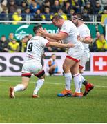 11 January 2020; Jack McGrath congratulates John Cooney after he scored Ulster's first try against Clermont during the Heineken Champions Cup Pool 3 Round 5 match between ASM Clermont Auvergne and Ulster at Stade Marcel-Michelin in Clermont-Ferrand, France. Photo by John Dickson/Sportsfile