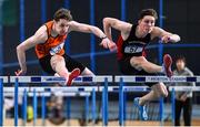 11 January 2020; Joseph McEvoy of Nenagh Olympic A.C., left, and Aaron Tierney Snith of Menapians A.C. compete in the Men's 60m Hurdles during the AAI National Indoor League Round 1 at National Indoor Arena, Sport Ireland Campus in Dublin. Photo by Ben McShane/Sportsfile
