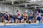 11 January 2020; Eoghan Jennings of Galway City Harriers A.C., second from left, crosses the line to win the Men's 60m during the AAI National Indoor League Round 1 at National Indoor Arena, Sport Ireland Campus in Dublin. Photo by Ben McShane/Sportsfile
