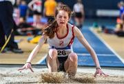 11 January 2020; Rachel Gregg of D.M.P A.C. competing in the Women's Long Jump during the AAI National Indoor League Round 1 at National Indoor Arena, Sport Ireland Campus in Dublin. Photo by Ben McShane/Sportsfile