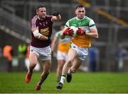 11 January 2020; Jordan Hayes of Offaly in action against Noel Mulligan of Westmeath during the O'Byrne Cup Semi-Final match between Offaly and Westmeath at Bord na Móna O'Connor Park in Tullamore, Offaly. Photo by Harry Murphy/Sportsfile