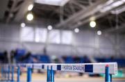 10 January 2020; A detailed view of the hurdles ahead of the AAI National Indoor League Round 1 at National Indoor Arena, Sport Ireland Campus in Dublin. Photo by Ben McShane/Sportsfile