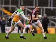 11 January 2020; Alan Stone of Westmeath in action against Cian Farrell of Offaly during the O'Byrne Cup Semi-Final match between Offaly and Westmeath at Bord na Móna O'Connor Park in Tullamore, Offaly. Photo by Harry Murphy/Sportsfile