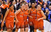 11 January 2020; Pyrobel Killester players, from left, Adella Randle El, Michelle Clarke, Aisling McCann, Christa Reed and Rebecca Nagle of Pyrobel Killester celebrate at the final buzzer of the Hula Hoops Women's Paudie O'Connor National Cup Semi-Final match between Ambassador UCC Glanmire and Pyrobel Killester at Neptune Stadium in Cork. Photo by Brendan Moran/Sportsfile