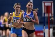 11 January 2020; Jodie McCann, 216, of Dublin City Harriers A.C. leads Rachel Gibson of North Down A.C. as they compete in the Women's 1500m during the AAI National Indoor League Round 1 at National Indoor Arena, Sport Ireland Campus in Dublin. Photo by Ben McShane/Sportsfile