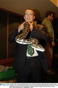 9 October 2003; Ireland prop Marcus Horan, with a snake from the local reptile park, before a function where the players were presented with their World Cup caps at a Welcome Reception held by the Gosford City Council. 2003 Rugby World Cup, Welcome Reception, Crowne Plaza Hotel, Terrigal, New South Wales, Australia. Picture credit; Brendan Moran / SPORTSFILE *EDI*