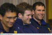 9 December 2003; Leinster lock Ben Gissing alongside Gordon D'Arcy, centre, and coach Gary Ella, left, during a team press conference at Old Belvedere Rugby Club, Dublin . Picture credit; Matt Browne / SPORTSFILE *EDI*