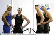 12 December 2003; The Ireland Women's 4 X 50m Freestyle team, from left, Chantal Gibney, Julie Douglas, Emma Robinson and Lee Kelleher await their time after finishing their heat. European Swimming Short Course Championships, National Aquatic Centre, Abbotstown, Dublin, Ireland. Picture credit; Brendan Moran / SPORTSFILE *EDI*