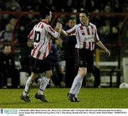 13 December 2003; Mark Farren, left , Derry City, celebrates after scoring his sides first goal with team-mate Kevin Deery. eircom league Play-off Final 2nd Leg, Derry City v Finn Harps, Brandywell, Derry. Picture credit; David Maher / SPORTSFILE *EDI*