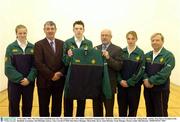13 December 2003; The Irish junior handball team who will compete in the USHA Junior Handball Championships, Modesto, California, USA, are from left, Ashling Reilly, Antrim, Tony Hayes, President of the Handball Association, Noel McHugh, Galway, Tony Carroll, O'Neills Sales Direct Manager, Maria Daly, Kerry, Sean McEntee, Team Manager. Picture credit; Matt Browne / SPORTSFILE