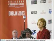 11 December 2003; President of Ireland Mary McAleese speaking at the European Short Course Swimming Championships where she performed the Official Opening. European Swimming Short Course Championships, National Aquatic Centre, Abbotstown, Dublin, Ireland. Picture credit; Brendan Moran / SPORTSFILE *EDI*