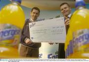 17 December 2003; Club Energise has rewarded the Gaelic Players' Association with a cheque for EUR 50,000 from their hugely successful isotonic sports drink initiative. Pictured at the presentation are Michael McArdle, left, Marketing Director for C&C, who presented the cheque to Dessie Farrell, Chief Executive of the Carphone Warehouse sponsored Gaelic Players' Association. Burlington Hotel, Dublin. Picture credit; David Maher / SPORTSFILE *EDI*